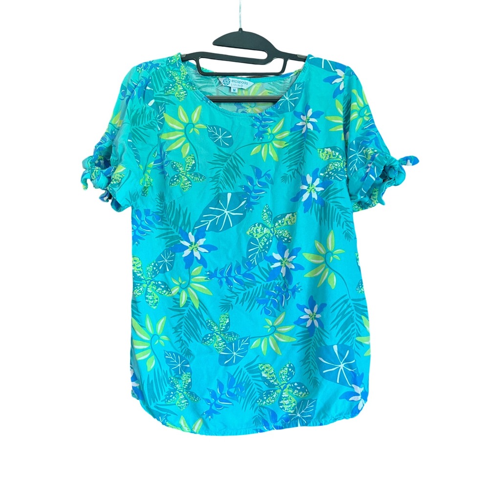 Escapada Living Womens Turquoise Tropical Floral Rayon Tie Sleeve Blouse Medium